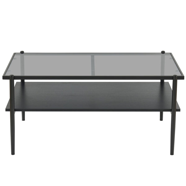 English Elm Rectangle Coffee Table With Sleek Gray Glass Top & Sturdy Black Metal Legs - Modern Living Room Style W241139565-GIGA