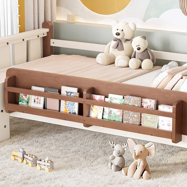 English Elm Twin Pine Floor Bed for Kids with Side Bookcases Built-in Stairs and Safety Guardrails Beige W1580P390214