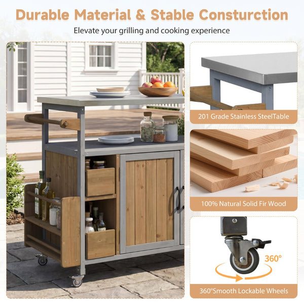 English Elm 54.33" Farmhouse Outdoor Kitchen Cart Solid Fir Frame Steel Top Storage Bbq Prep Blue Gray,Walnut Brown N767P379702B
