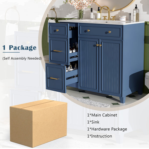 English Elm 36" Modern Bathroom Vanity with Ceramic Sink, Soft-Close Doors, Double-Layer Drawer & Storage Elegance Blue N729P289163C