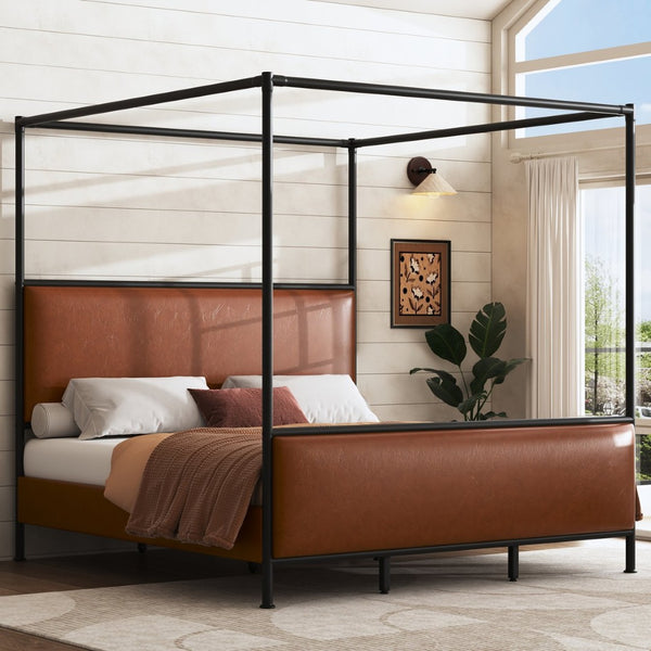 English Elm King Canopy Bed Iron Four Post Frame with Pu Leather Upholstered Headboard Footboard N757K343427O