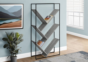 English Elm Bookshelf, 5-Tier Slanted Etagere with V-Shaped Open Shelves, Slim Black Metal Frame, 60" H Grey 39 L x 13 W x 7 H B2710P218980