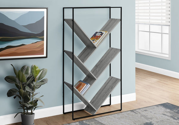 English Elm Bookshelf, 5-Tier Slanted Etagere with V-Shaped Open Shelves, Slim Black Metal Frame, 60" H Grey 39 L x 13 W x 7 H B2710P218980