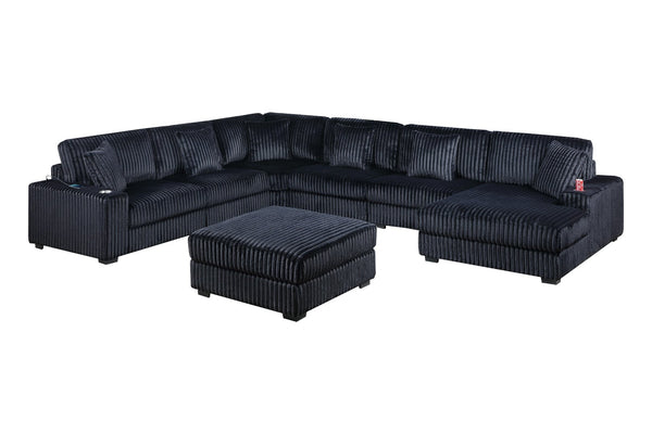 English Elm Contemporary 7 Piece Modular U Shaped Sectional Sofa in Plush Black Corduroy with Usb Port B011S02236