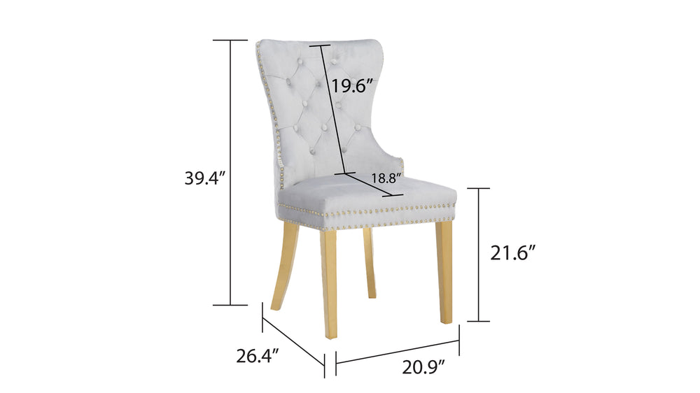 English Elm Simba Velvet Tufted Dining Chairs Light Gray with Gold Legs, Quilted Back & Lion Head Ring Accent 659436316324