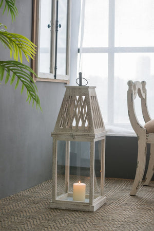 English Elm Set of 2 French Country Fir Wood Lanterns with Carved Lattice Tops Weathered White Finish W2078P495672