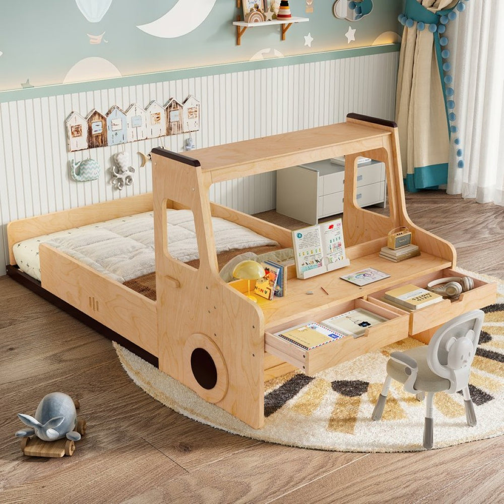 English Elm Twin Car Shaped Floor Bed with Storage Drawers and Built in Desk for Kids W1580P396320
