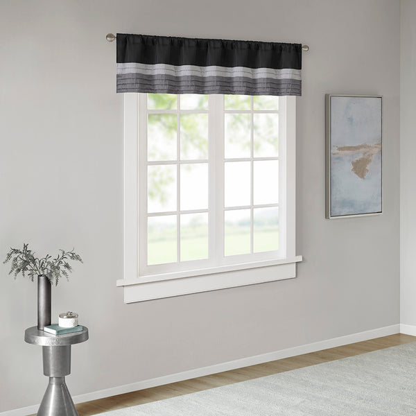 JLA Home Madison Park - Polyoni Pintuck Window Valance with Lined Striped Texture, Tailored Fullness & Easy Rod Pocket Black MP41-2226