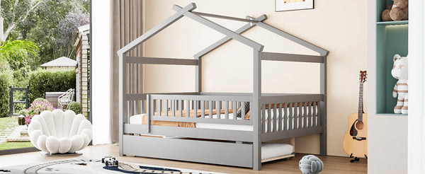 English Elm Full Size Pine House Bed with Roofline Frame and Roll Out Twin Trundle for Kids Gray LP100306AAE