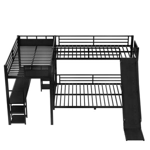 English Elm L-Shaped Metal Bunk Bed With Twin Xl Loft, Queen Bed, Desk, Shelves & Slide - Space-Saving Design! W1580S00279