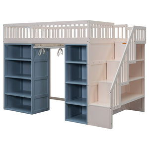 English Elm Full Size Loft Bed With Stylish Storage Cabinets, Privacy Curtain & Multi-Functional Design - White/Blue GX003006AAK
