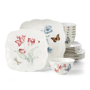 Lenox Butterfly Meadow Porcelain Dinnerware Set Botanical Floral Square Plates 18 Piece 894105