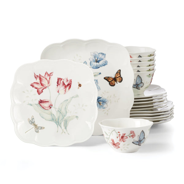 Lenox Butterfly Meadow Porcelain Dinnerware Set Botanical Floral Square Plates 18 Piece 894105