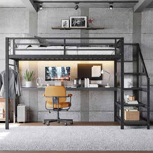 English Elm Twin Xl Metal Loft Bed with Stair Storage Shelves Sturdy Steel Frame for Dorms W1580S00434