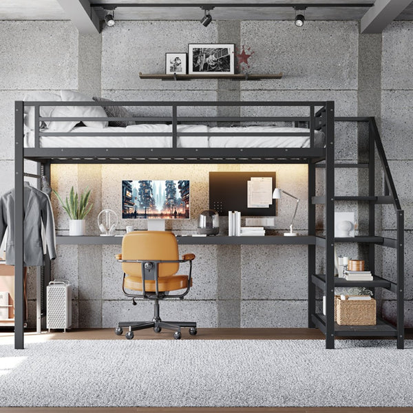 English Elm Twin Xl Metal Loft Bed with Stair Storage Shelves Sturdy Steel Frame for Dorms W1580S00434
