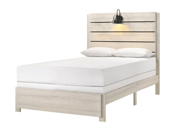 English Elm 1pc Rustic Style Butcher Block King Size Bed with Weathered Cream Finish—Classic Detailed Design for Cozy Sanctuary Antique White 71.02 L x 38.31 W x 11.2 H B011P231380