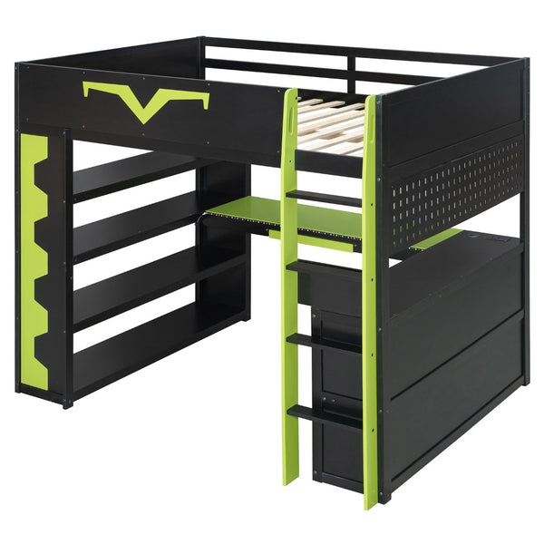 English Elm Full Size Gaming Loft Bed with Desk Rgb Lighting Power Outlet and Storage Drawer Green LT000285AAF