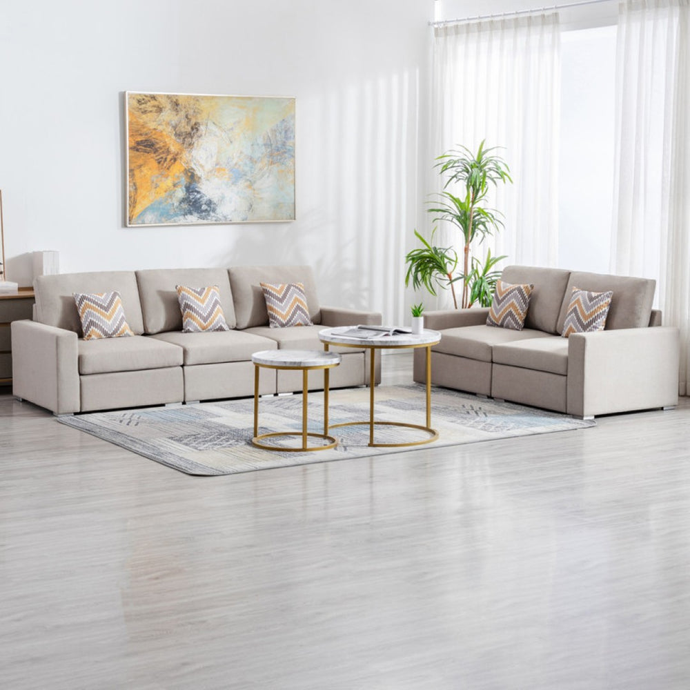 English Elm Nolan Beige Linen Sofa and Loveseat Set with Pillows for Modern Living Rooms B061S00488