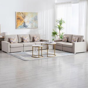 English Elm Nolan Beige Linen Sofa and Loveseat Set with Pillows for Modern Living Rooms B061S00488