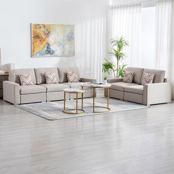 English Elm Nolan Beige Linen Sofa and Loveseat Set with Pillows for Modern Living Rooms B061S00488