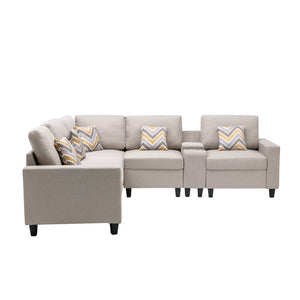 English Elm Nolan Six Piece Beige Linen Sectional Sofa with Storage Console and Usb Charging B061S00516