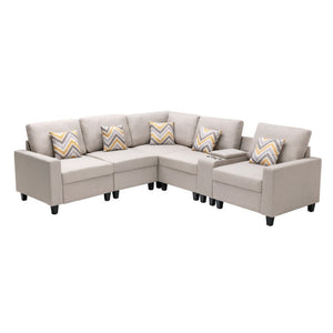 English Elm Nolan Six Piece Beige Linen Sectional Sofa with Storage Console and Usb Charging B061S00516