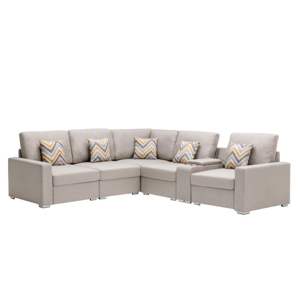 English Elm Nolan Six Piece Beige Linen Sectional Sofa with Storage Console and Usb Charging B061S00516