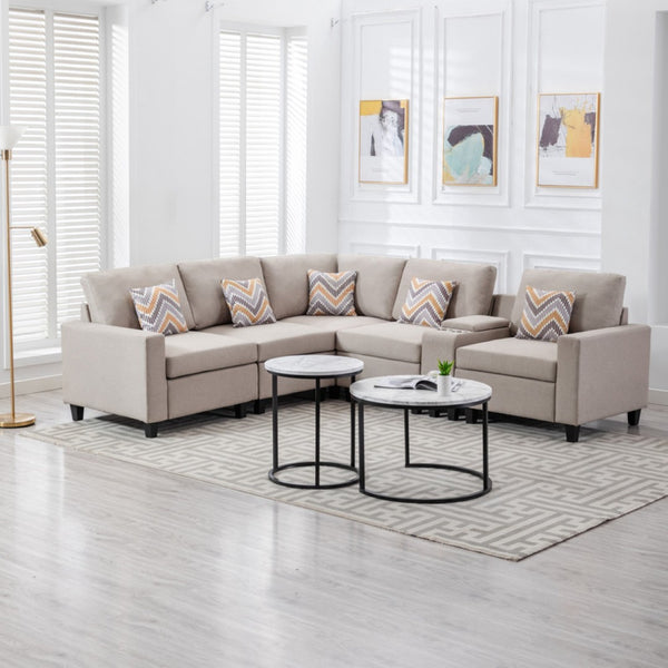 English Elm Nolan Six Piece Beige Linen Sectional Sofa with Storage Console and Usb Charging B061S00516