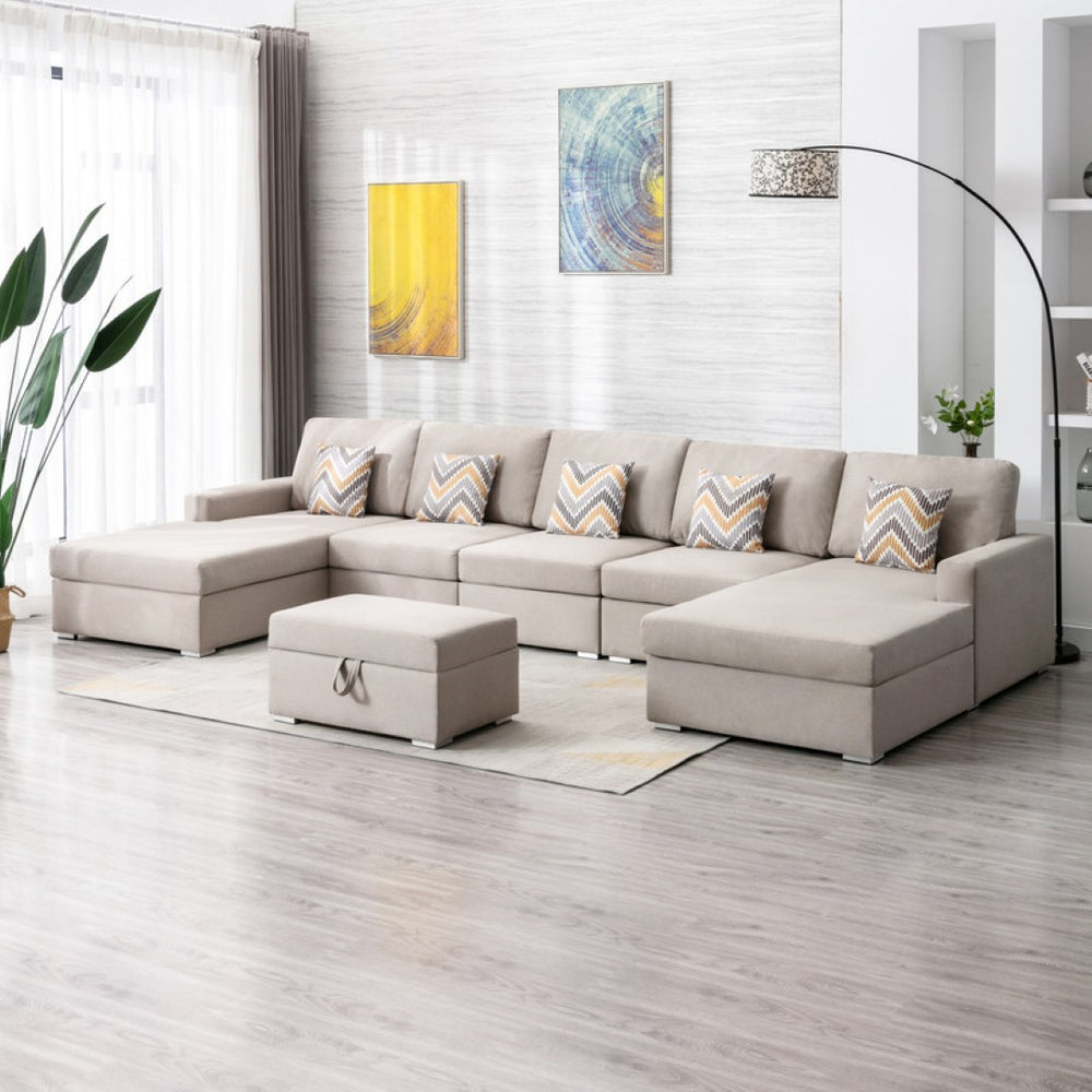 English Elm Nolan 5 Piece Linen Sectional Sofa with Dual Chaise Storage Ottoman and Accent Pillows B061S00511