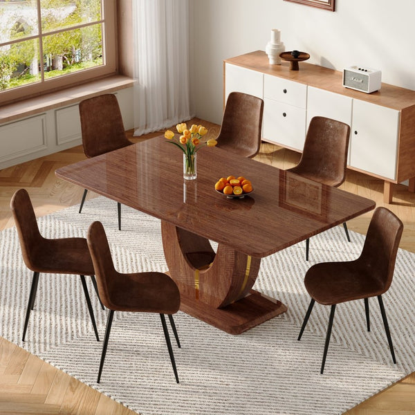 English Elm One Modern 7 Piece Dining Set 63 Inch Table Dark Wood Grain Top Brown Fabric Chairs W1151S04406