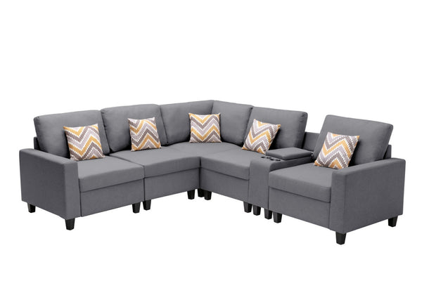 English Elm Nolan Six Piece Modular Sectional Linen Sofa with Charging Console Storage Pillows B061S00558