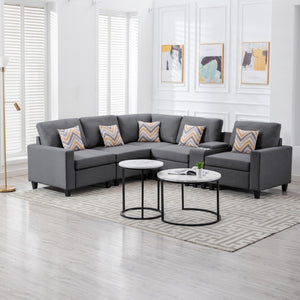 English Elm Nolan Six Piece Modular Sectional Linen Sofa with Charging Console Storage Pillows B061S00558