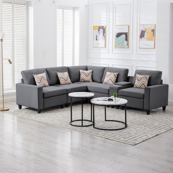 English Elm Nolan Six Piece Modular Sectional Linen Sofa with Charging Console Storage Pillows B061S00558
