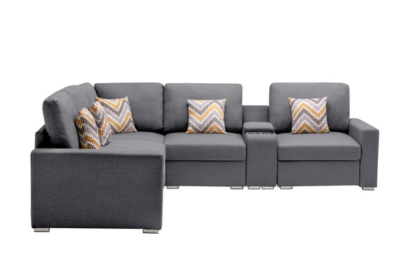 English Elm Nolan Six Piece Modular Sectional Linen Sofa with Charging Console Storage Pillows B061S00558