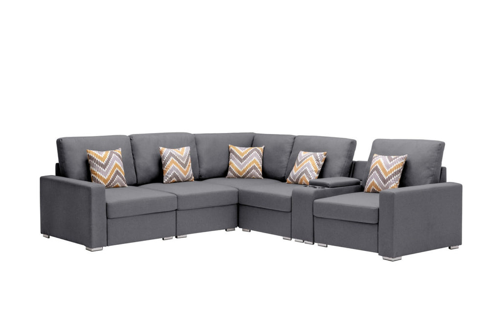 English Elm Nolan Six Piece Modular Sectional Linen Sofa with Charging Console Storage Pillows B061S00558