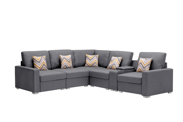 English Elm Nolan Six Piece Modular Sectional Linen Sofa with Charging Console Storage Pillows B061S00558