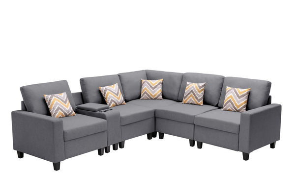 English Elm Nolan Six Piece Modular Sectional Gray Linen Sofa with Charging Console Storage B061S00559