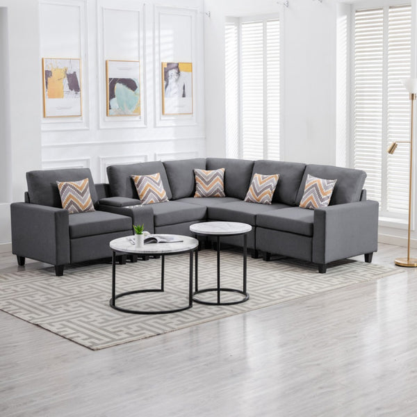 English Elm Nolan Six Piece Modular Sectional Gray Linen Sofa with Charging Console Storage B061S00559