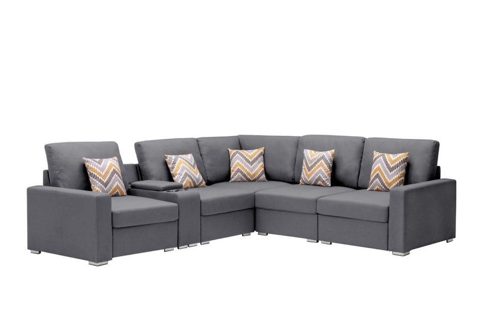 English Elm Nolan Six Piece Modular Sectional Gray Linen Sofa with Charging Console Storage B061S00559