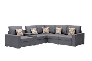 English Elm Nolan Six Piece Modular Sectional Gray Linen Sofa with Charging Console Storage B061S00559