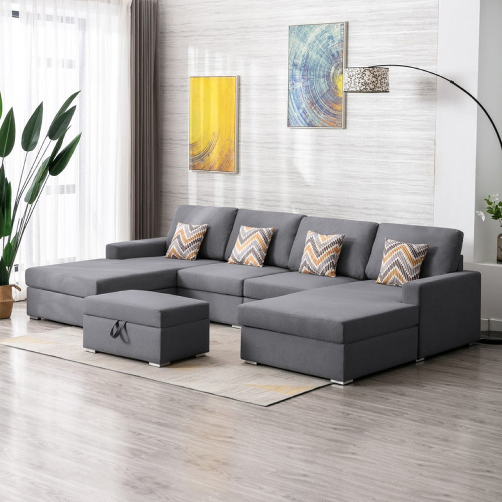 English Elm Nolan 5 Piece Linen Sectional Sofa with Dual Chaise Storage Ottoman and Accent Pillows B061S00552