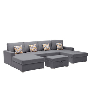 English Elm Nolan 5 Piece Linen Sectional Sofa with Dual Chaise Storage Ottoman and Accent Pillows B061S00552