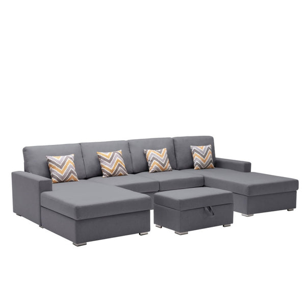 English Elm Nolan 5 Piece Linen Sectional Sofa with Dual Chaise Storage Ottoman and Accent Pillows B061S00552