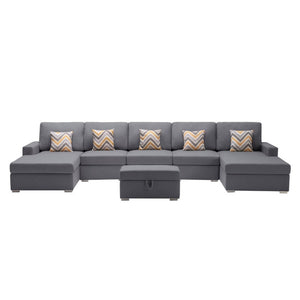 English Elm Nolan 5 Piece Linen Sectional Sofa with Dual Chaise Storage Ottoman and Accent Pillows B061S00553