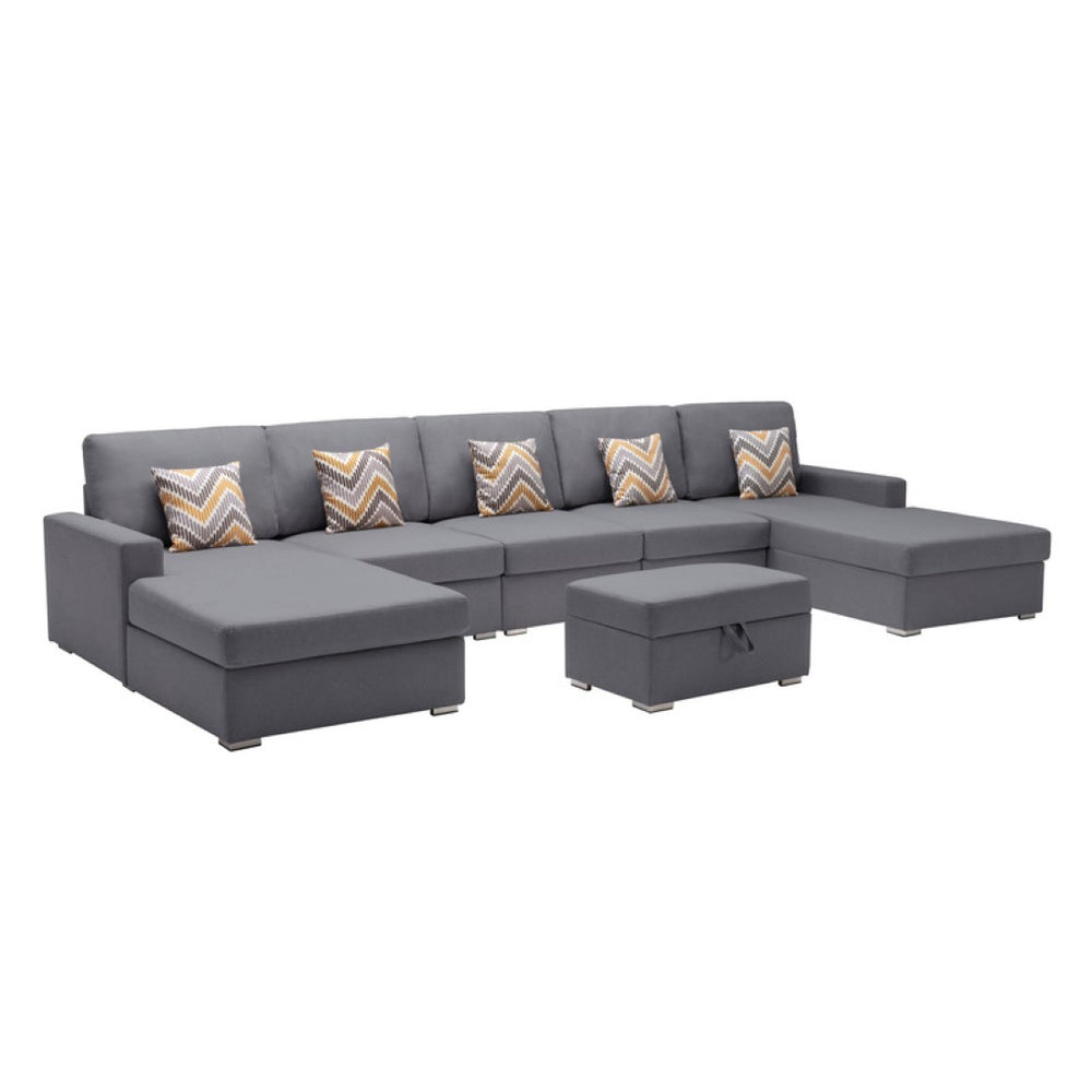 English Elm Nolan 5 Piece Linen Sectional Sofa with Dual Chaise Storage Ottoman and Accent Pillows B061S00553
