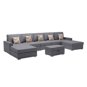 English Elm Nolan 5 Piece Linen Sectional Sofa with Dual Chaise Storage Ottoman and Accent Pillows B061S00553