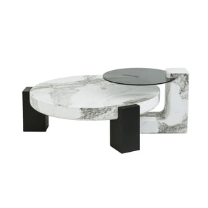 English Elm Bianco Marble-Pattern Coffee Table with Side Table Set — Modern White Top, Black Wood Legs, Durable Elegance B341S00040