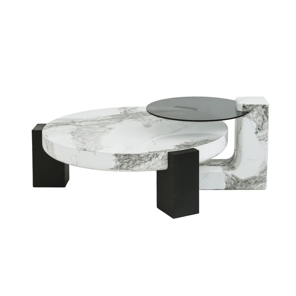 English Elm Bianco Marble-Pattern Coffee Table with Side Table Set — Modern White Top, Black Wood Legs, Durable Elegance B341S00040