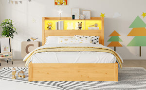 English Elm Twin Wood Storage Bed with Led Headboard Drawers and Pull Out Cabinet for Kids Natural W2593S00051