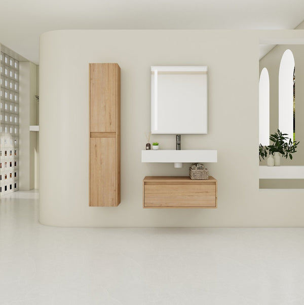 English Elm 30 Inch Wall-Mounted Bathroom Vanity Set With Resin Sink, Soft-Close Drawers & Storage Cabinets W999S00268